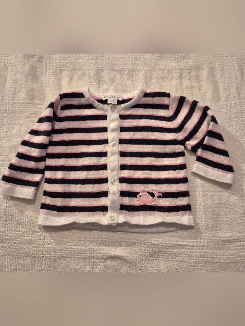 Kissy Kissy girls size 3-6 months pink, blue & white cardigan with whale VGUC